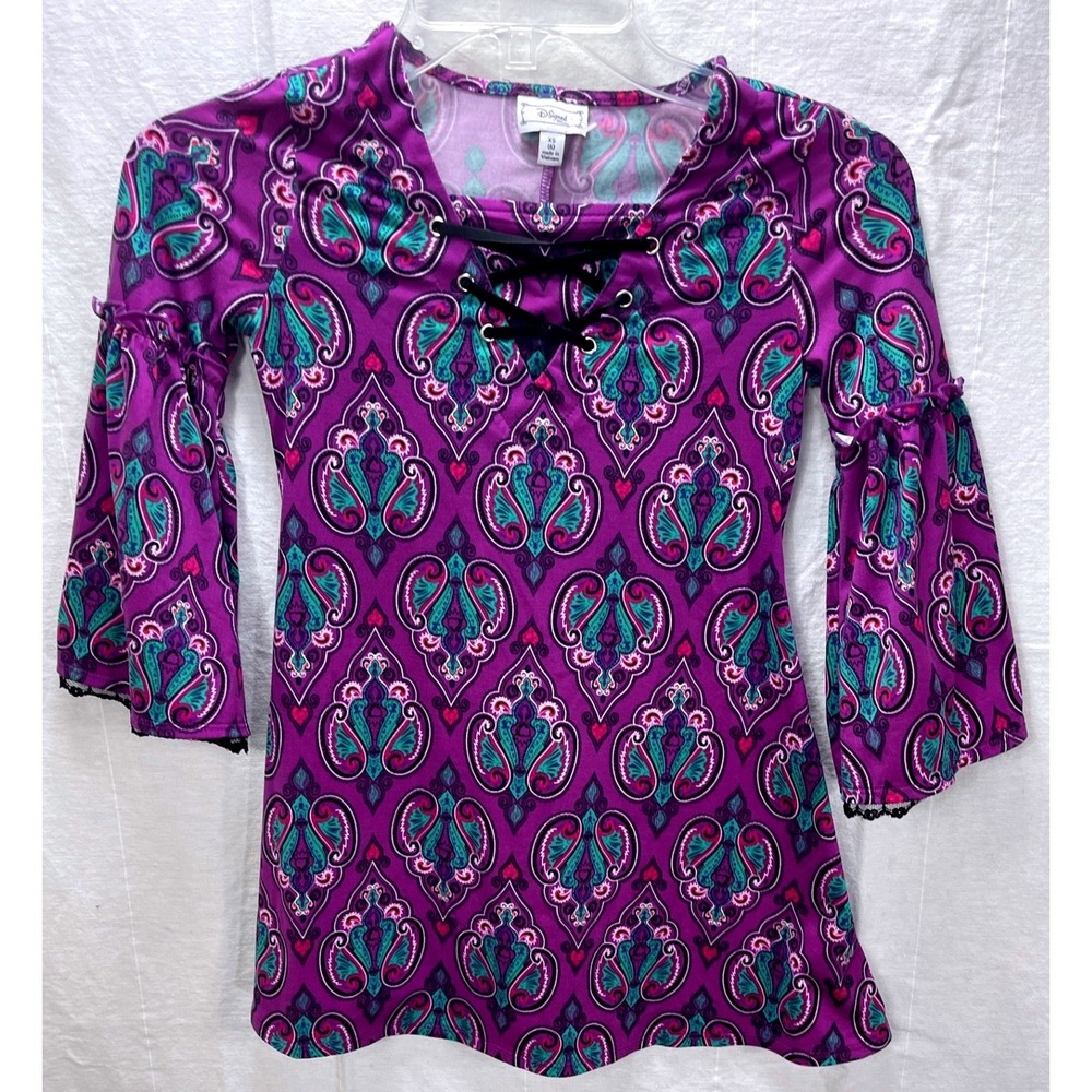 D-Signed Girls XS 6 Purple Paisley Lace Up Bell Sleeve Tunic Top Boho
